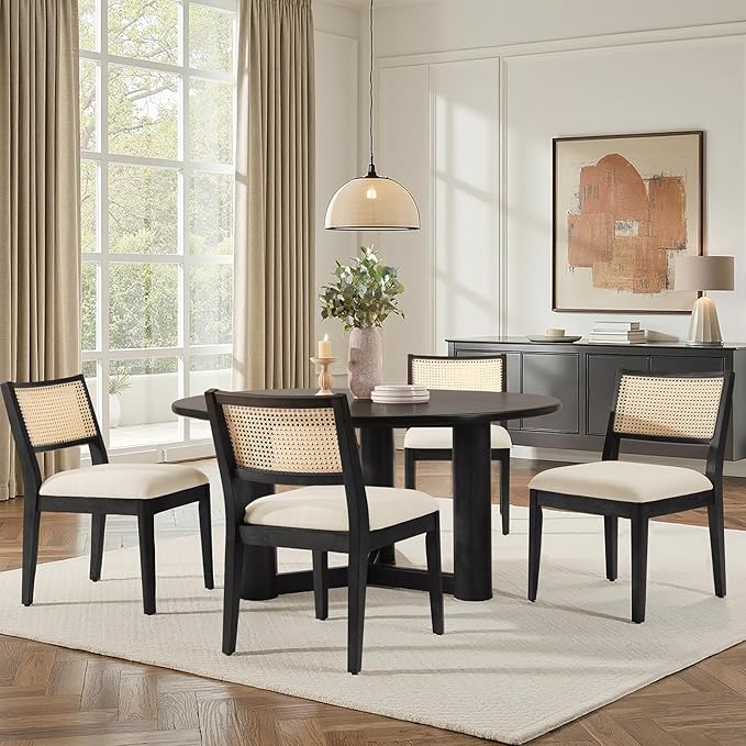 HULALA HOME Rattan Dining Chairs Set of 4, French Solid Wood Kitchen Dining Room Chairs with Curved Back, Upholstered Accent Dinner Cane Chair for Living Room Restaurant, Black