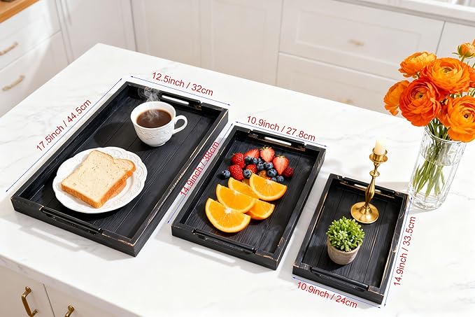Coffee Table Tray Decorative Nested Vintage Wood Serving Tray Set for Eating, Breakfast, Party, Kitchen, Ottoman,Tea Coffee Table Large Ottoman Trays (Rustic Black, 3Pc)