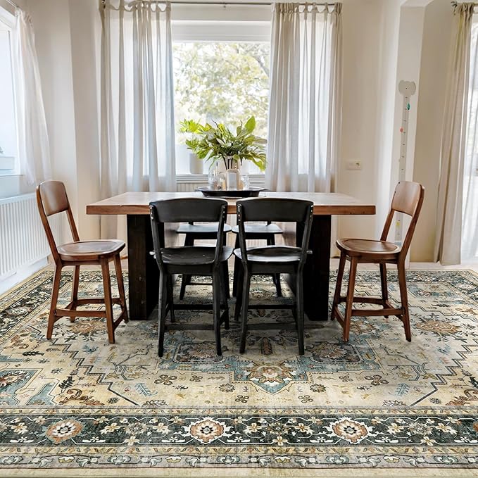 Area Rugs for Living Room 10x14 - Extra Large Machine Washable Vintage Oriental Soft Rug, Low Pile Thin Carpet with Non Slip Backing for Bedroom, Dorm, Dining Room, Indoor House, Office
