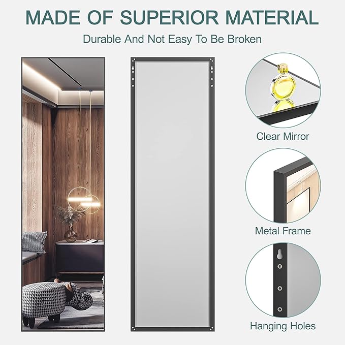 Hasipu Door Mirror Full Length, 44"x 16" Full Body Over The Door Hanging Wall Mounted Mirror for Bedroom, Living Room, Cloakroom, Square Black