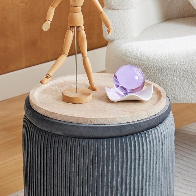 Round Ottoman with Storage Set of 2-Upholstered Velvet Vanity Stool for MakeupMultifunctional Ottomans Coffee Table Padded Seat Foot Rest for Living Room&Bedroom(Light Grey-Upgrade Tray Lid)