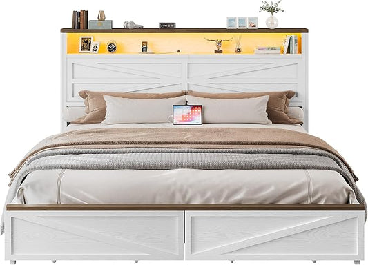 IRONCK Farmhouse King Size Bed Frame with LED Light and Charging Station, Wood Bed Frame with Storage Headboard and 2 Drawers， Barn Door Design, Sturdy and Noiseless, White