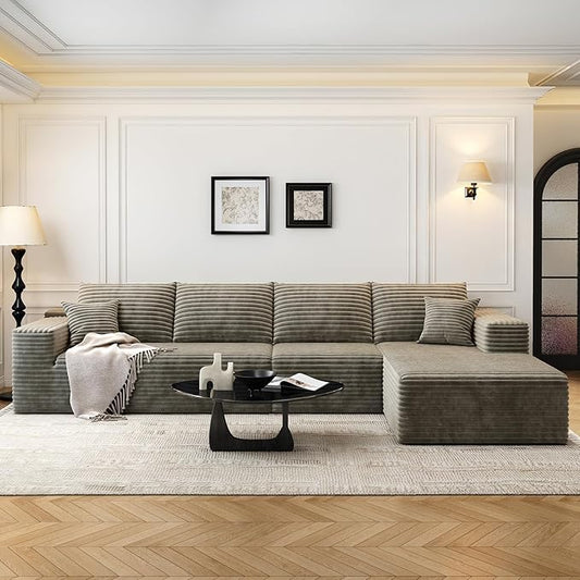 135.4" Cloud Modular Sectional Sofa Couch with L-Shape Chaise,Modern Minimalist Upholstered Couches for Living Room Bedroom,Deep Seat Corner Couch，No Assembly Required (Camel,Right Facing Chaise)