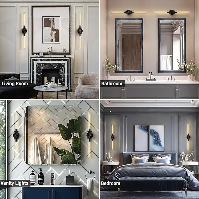 Brass Wall Sconces, 30in Black 2-Light Double Glass Sconces Wall Lighting, Bathroom Knurled Vanity Light Sconces, Wall Lights for Living Room Bedroom（Including Bulb）