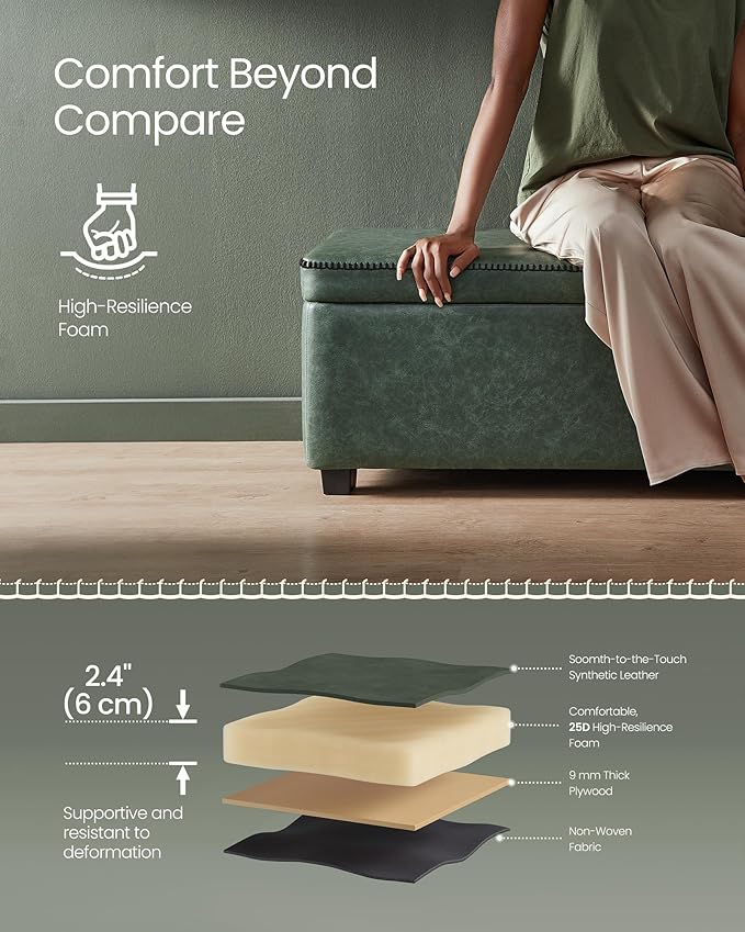 VASAGLE EKHO Collection - Storage Ottoman Bench, Entryway Bedroom Bench, 25 Gallons, Synthetic Leather with Stitching, Mid-Century Modern, Safety Hinges, Loads 660 lb, Forest Green ULOM075C01