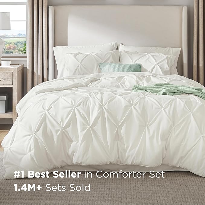 Bedsure King Size Comforter Set Ivory - Bed in a Bag Bedding Set 7 Pieces, GentleSoft™ Pintuck Bed Set Gift for Family, Pinch Pleat Ivory Comforter with Sheets, Pillowcases & Shams