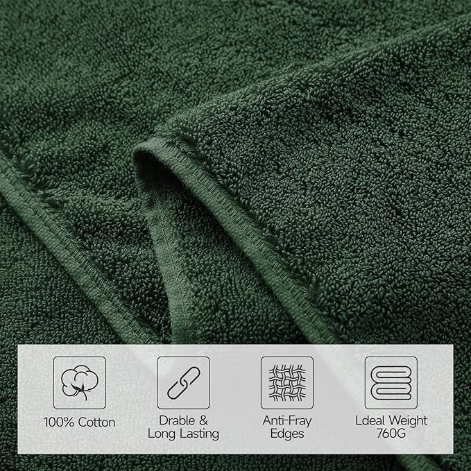 REDKISS Large Bath Towels Set 2 Piece, 100% Cotton, 31x63 in,Heavyweight 760GSM, Highly Absorbent & Quick Dry, Super Soft Luxury Towels for Bathroom,Hotel Collection - Green
