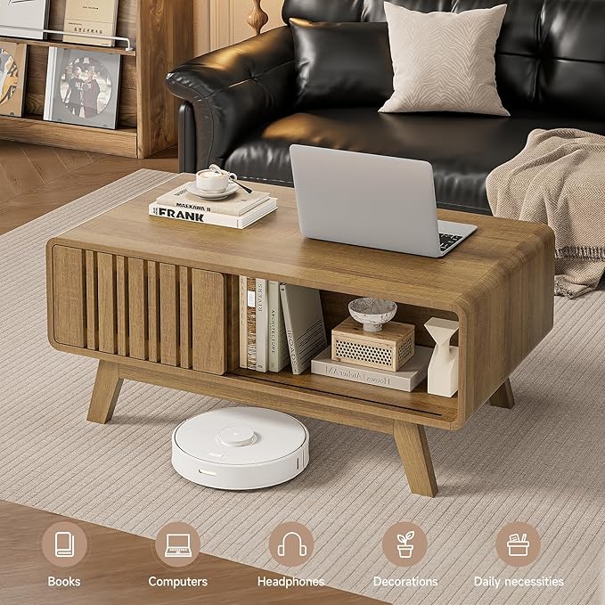 ONBRILL Coffee Table, Mid Century Modern Table with Storage Compartment, Fluted Table with Sliding Cabinet Door, Farmhouse Wood Coffee Table for Living Room (Natural)