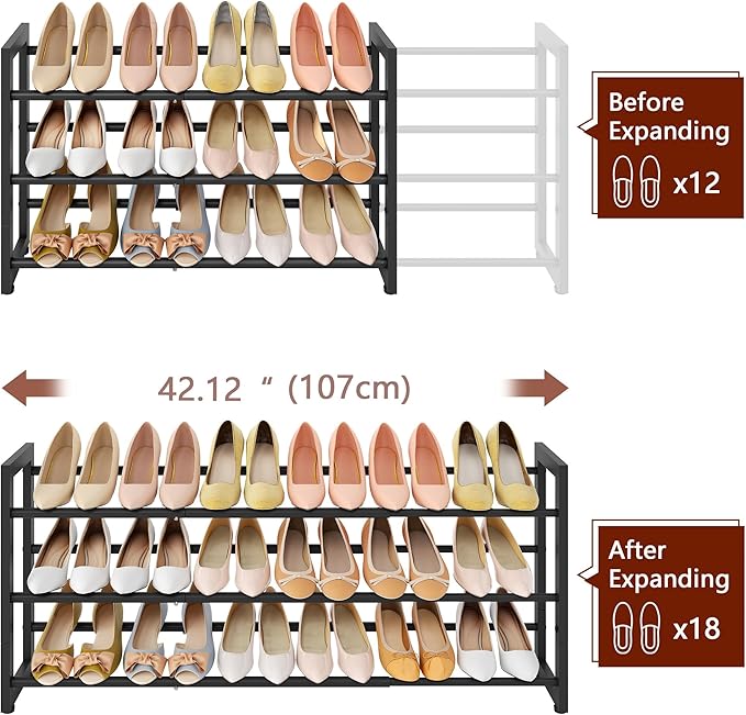 FAVOOSTY 3-Tier Expandable Shoe Rack, Adjustable Shoe Shelf Storage Organizer Space Saving Metal Free Standing Shoe Rack for Entryway Closet Doorway, Black