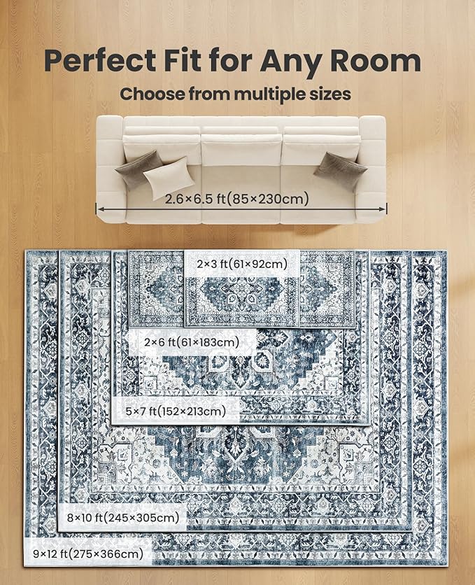 AMADA HOMEFURNISHING 9x12 Washable Area Rug, Low-Profile Large Area Rug with Non-Slip Backing & Durable Edge Binding, Vintage Large Rugs for Living Room, Bedroom & Dinning Room