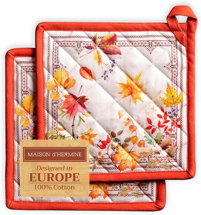 Maison d' Hermine Pot Holders Set 100% Cotton Heat Resistant Potholders 8" x 8" Hot Pads with Loop for Thanksgiving Christmas Decorations BBQ Cooking Baking Handling Hot Pans (Pack of 2, Amarante)