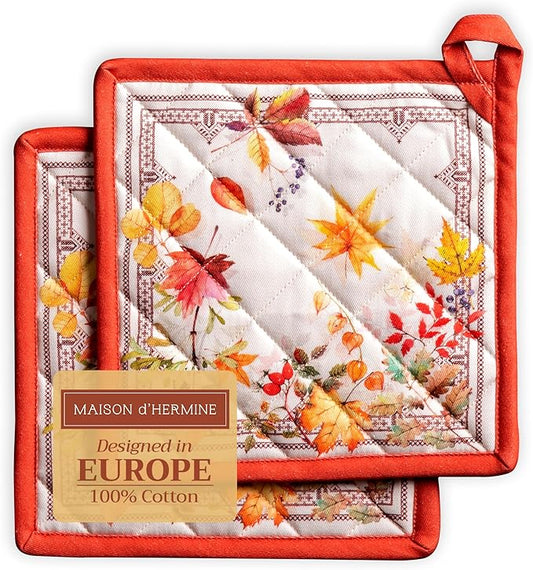 Maison d' Hermine Pot Holders Set 100% Cotton Heat Resistant Potholders 8" x 8" Hot Pads with Loop for Thanksgiving Christmas Decorations BBQ Cooking Baking Handling Hot Pans (Pack of 2, Amarante)