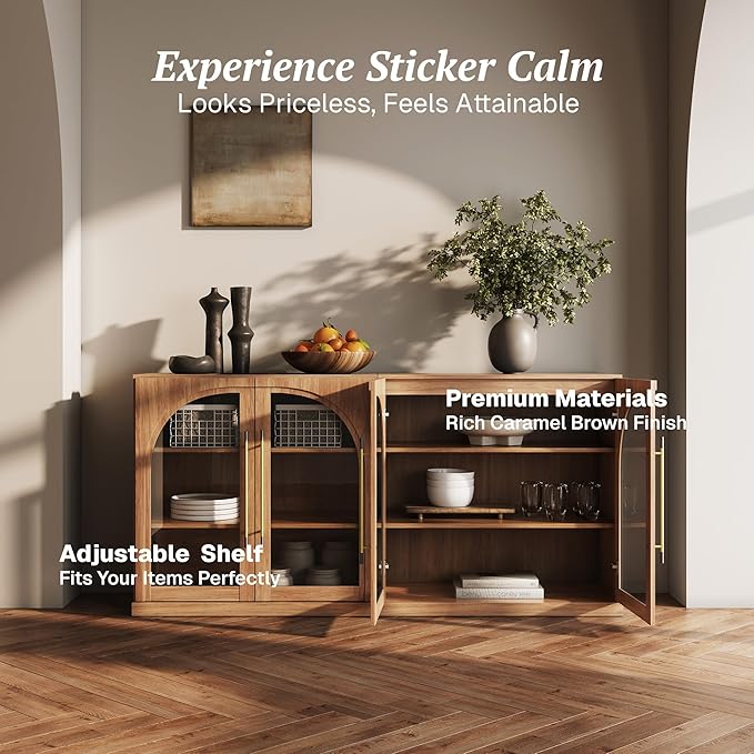 BELLEZE Set of 2 Modular Sideboard with Arched Glass Door, Accent Display Buffet Cabinet with Storage and Adjustable Shelves,Classic Modern Credenza for Dining Room Living Room Entryway (Camel)