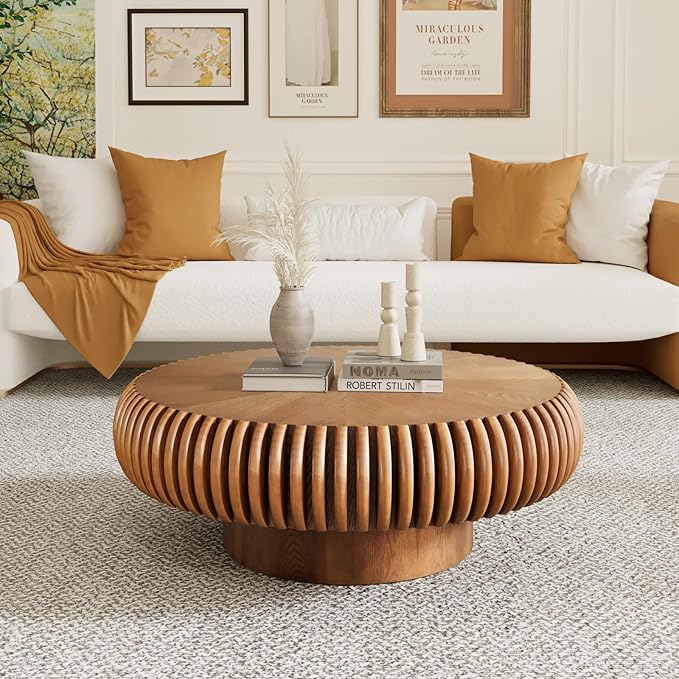 Round Drum Coffee Table for Living Room, Mid Century Modern Coffee Table with Sturdy Pedestal, Farmhouse Fluted Circle Center Table Accent Tea Table for Apartment (31.5" Brown)