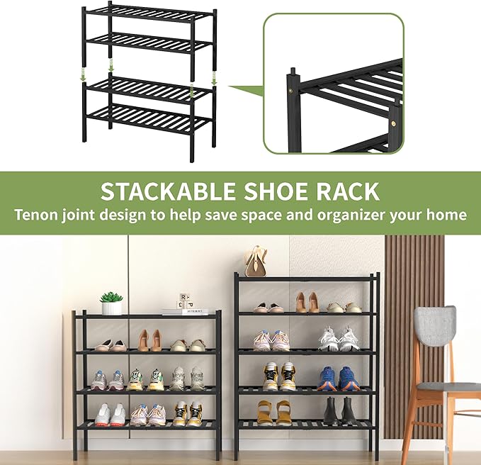5 Tier Bamboo Shoe Rack for Closet Free Standing Wood Shoe Shelf for Entryway Small Space Stackable 27"x11"x33" (Black)