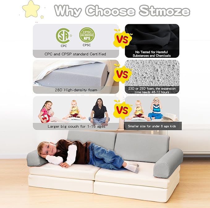 Modular Play Sofa, Instant Expansion, Corduroy Fabric, Grey and Beige