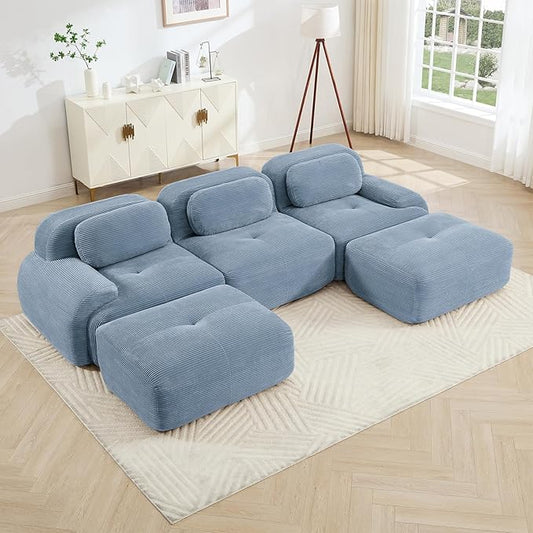 116" Modern Corduroy Cloud Sofa with Ottoman, U Shaped Boneless Modular Large Sectional Couches for Living Room, Blue 3 Seater Compressed Memory Foam Couch, Extra Deep Seat, No Assembly