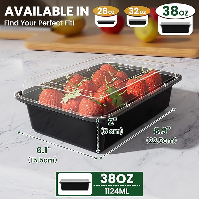 38oz Meal Prep Containers [50-Pack], Reusable Bento Box with Easy-Snap Leakproof Lids - Microwave, Dishwasher & Freezer Safe Food Storage, BPA-Free Plastic Lunch Containers (Black)