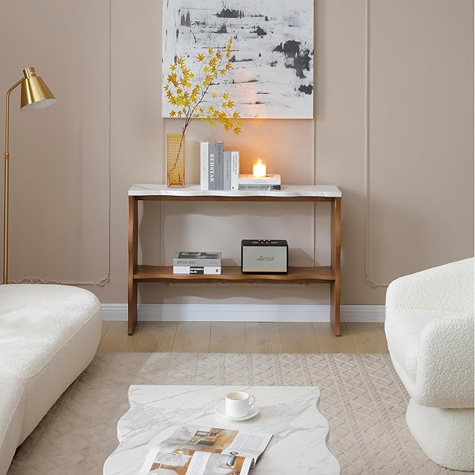 47-Inch Long Console Table, Marble Wooden Rectangular Sofa Table Behind The Couch, with Storage Shelf, Farmhouse Entryway Table for Entrance, Hallway, Living Room (Marble+Walnut)