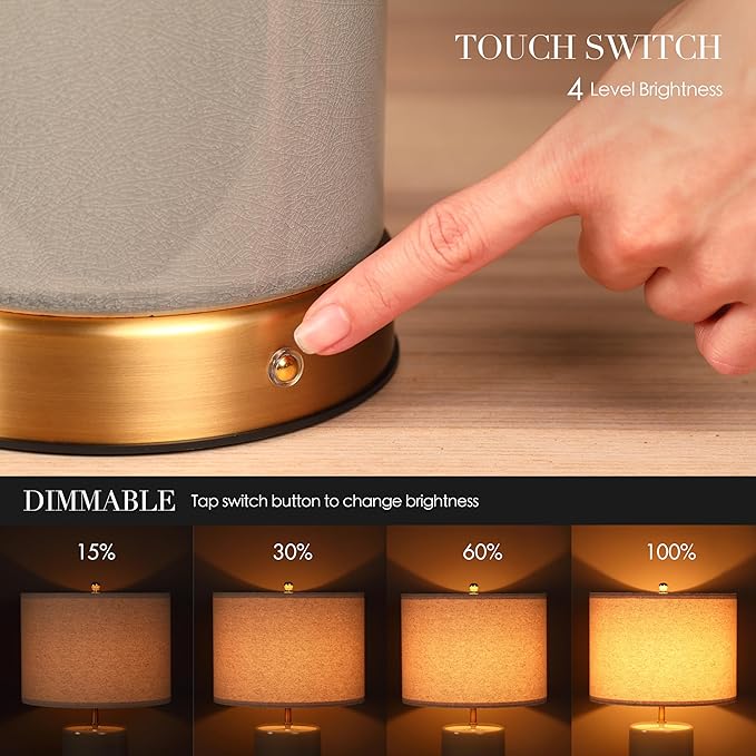 O’Bright Dune - Battery Powered Table Lamp, Rechargeable Cordless Ceramic Lamp, Full-Size 19.5 Inch Height, Dimmable, Smart Safety Protection, Type-C Fast Charging, LED Bulb Included, Stone Grey