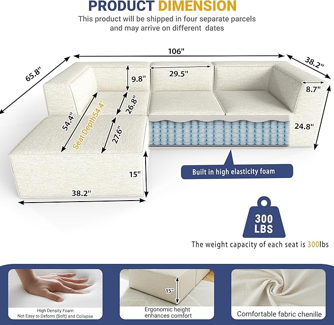 106" Sectional Compressed Sofa Modular Couches L-Shape with Chaise,High-Density Foam No Assembly Required,4-Piece(2xCorner 1xArmless 1xOttoman) for Living Room Chenille Beige
