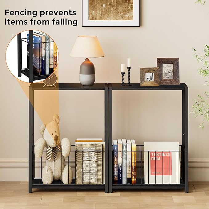 Narrow Side Tables Set of 2 with Magazine Holder, Skinny End Tables Perfect for Small Spaces, Space-Saving Design for Living Room, Bedroom, or Office, 7.1" D x 16.9" W x 23.6" H, Black