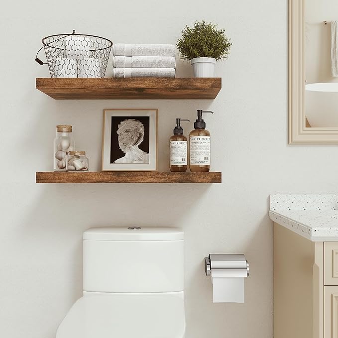 Vivelove 24 inchs Bathroom Floating Shelves for Wall, 9.1” Deep x 1.6” Thick Wall Shelves for Bedroom, Living Room, Kitchen, Office, Rustic Farmhouse Shelf Decor with Invisible Bracket, Set of 2