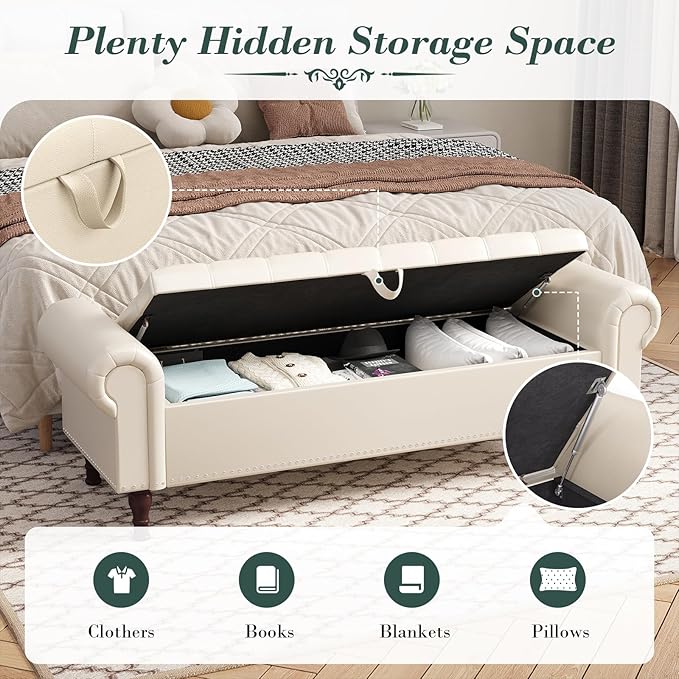 Apicizon 60” Bench with Storage, Faux Leather Ottoman Bench with Rolled Arm & Vintage Rivets, End of Bed Bench for Bedroom, Living Room, Entryway, Beige+Brown Legs