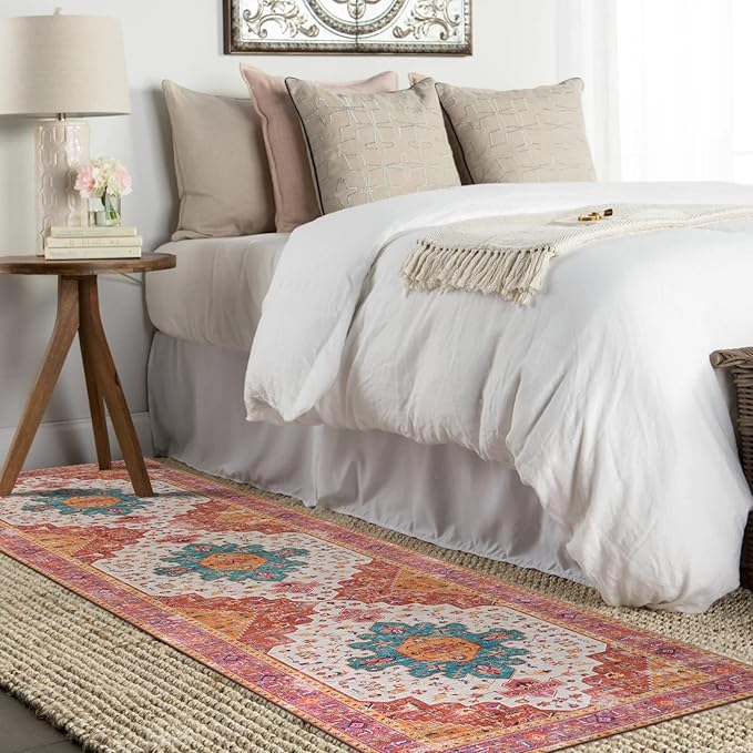 Moynesa Ultra-Thin Washable Runner Rug - 2'6"x8' Pink Runners for Hallways, Boho Non-Slip Bedroom Rug Runner, Vintage Oriental Medallion Kitchen Carpet Runner for Home Entrance Decor