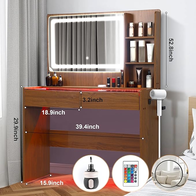 Vanity Desk,Transparent Desktop,Multiple Color Ambient Lights,with Mirror and Tri Color Light Strip,Dressing Table with Charging Station,Equipped with 2 Drawers,Peach Colored