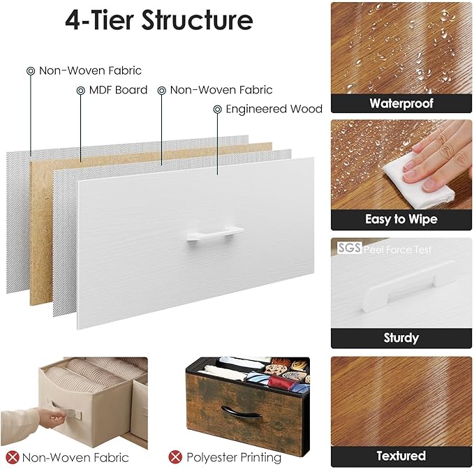 Nightstand,Farmhouse Night stand with 3 Storage Drawer,Small Dresser for Bedroom,Chest of Drawers Fabric Dressers with Steel Frame,Wooden Top Front Bedside Table for Small Space,White+walnut