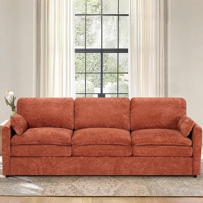 89” Chenille Sofa w/Arm Pillows, Upholstered 3-Seater Sofa w/Comfortable Back Cushions, Modern 3 Seats Couch w/High-Density Foam for Living Room, Apartment, Office, Orange