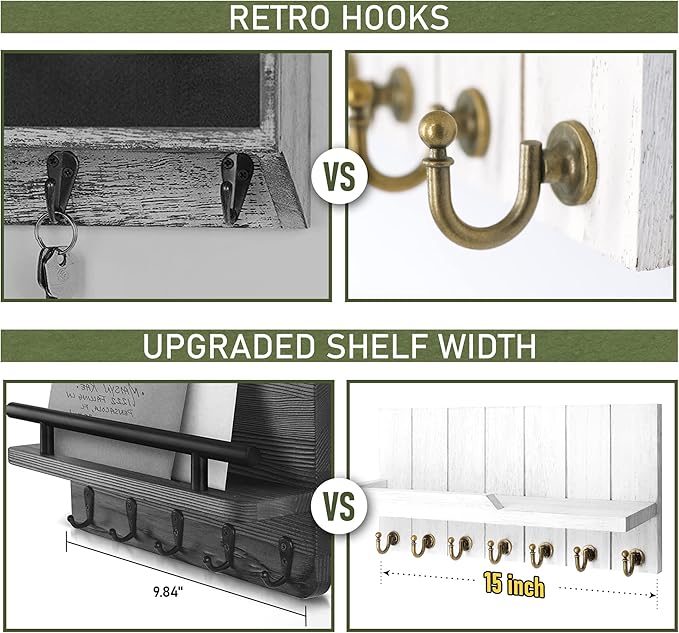 Rebee Vision Decorative Key and Mail Holder for Wall - Farmhouse 15 Inches Floating Shelf with 7 Sturdy Key Hooks for Home Entryway Wall Decor - Rustic Key Racks (White)