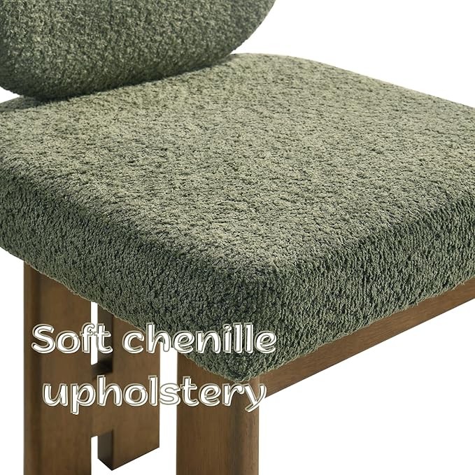 Modern Dining Chairs Set of 2, Farmhouse Chenille Upholstered Wooden Kitchen Chairs with Back, Side Armless Dining Room Chairs with Walnut Wood Legs for Kitchen Restaurant, Green