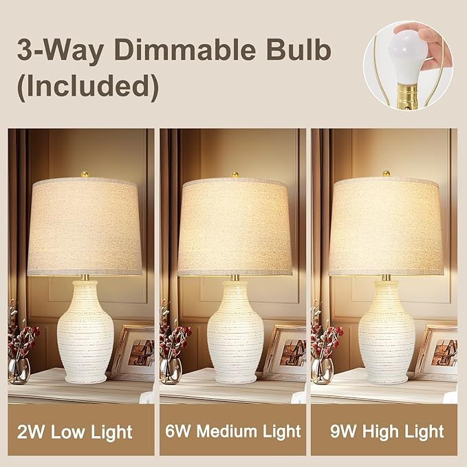 Scenekoy 23" Ceramic Table Lamps Set of 2 with 3-Way Dimmable Bulb,Rotary Switch,Lamps for Living Room,Bedside Lamp with Linen Shade,Nightstand Lamps of 2 for Living Room Bedroom(Bulb Included)