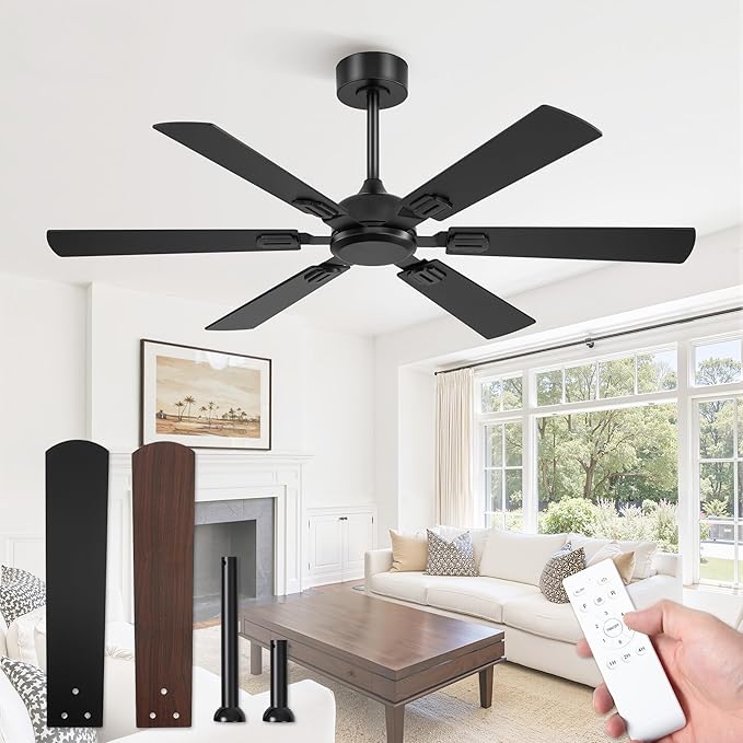 Fanbulous 52 Inch Ceiling Fans No Light with Remote, Modern Ceiling Fan Without Light, Dual Finish 6 Blades, Reversible Quiet DC Motor, 6 Speed, Large Ceiling Fan for Indoor or Covered Outdoor, Black