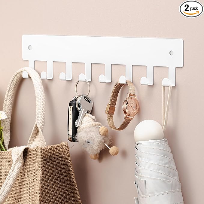 pickpiff Key Holder Wall Mount, Adhesive Key Rack with 8 Hooks Hanger for Car Key Ring, Metal Key Chain Organizer, White 1 Pack