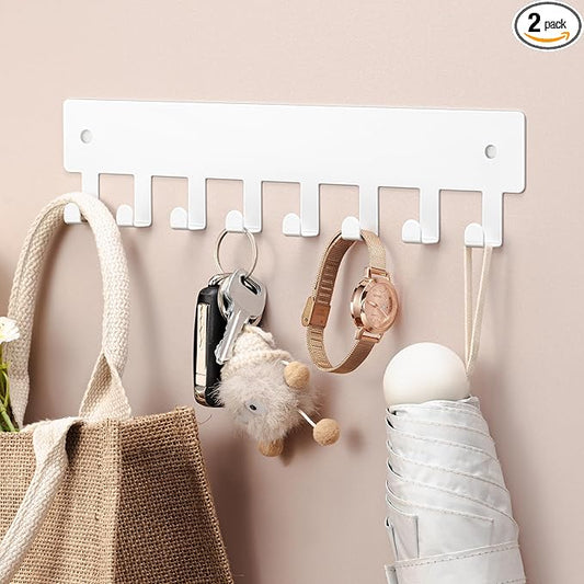 pickpiff Key Holder Wall Mount, Adhesive Key Rack with 8 Hooks Hanger for Car Key Ring, Metal Key Chain Organizer, White 1 Pack