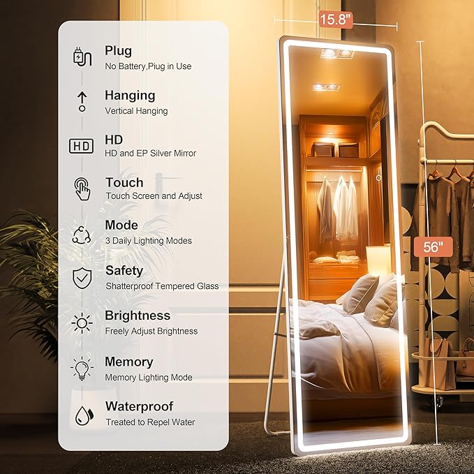 Full Length Mirror with Lights, 56" x 15.8" LED Lighted Floor Standing Mirror, Tempered Glass, White