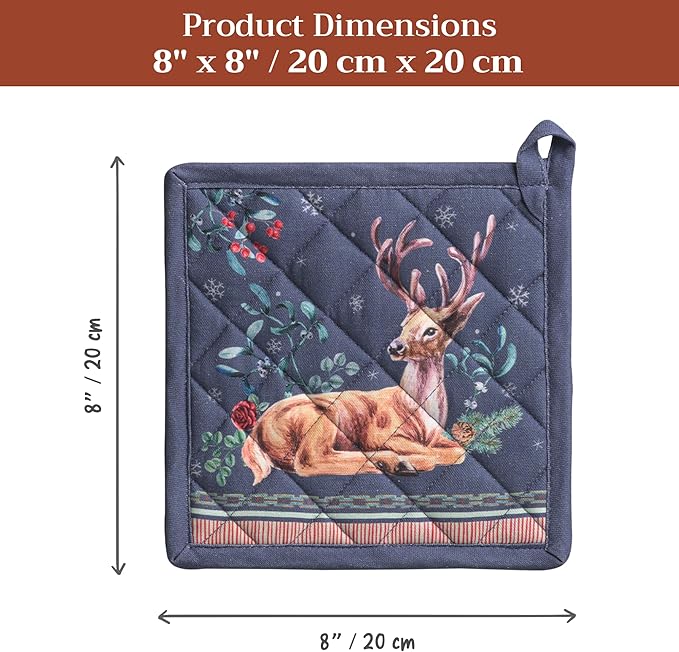 Maison d' Hermine Pot Holders Set 100% Cotton Heat Resistant Potholders 8" x 8" Hot Pads with Loop for Thanksgiving Christmas Decorations BBQ Baking Handling Hot Pans (Pack of 2, Christmas Joy)