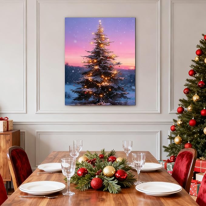 Framed Christmas Pictures Wall Decor,Vintage Pine Tree Prints,Winter Christmas Canvas Wall Art Decoration for Bedroom Bathroom Living Room Rustic Xmas Holiday Gifts (Christmas Tree 12, 16'' X 20'')