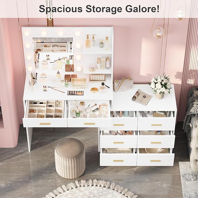 61" Vanity Desk with Mirror & Lights, White Makeup Dressing Table with 8 Drawers & 2 Shelves, 3 Lighting Modes with Adjustable Brightness for Bedroom, White