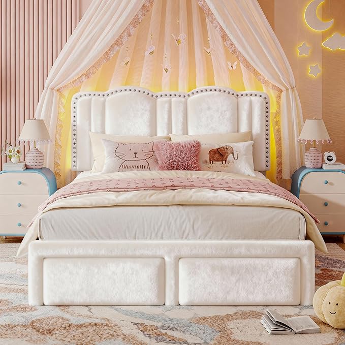 EnHomee Full Size Bed Frame with LED, Velvet Upholstered Headboard and 2 Drawers, Platform Bed Frame with Height Adjustable Headboard, Strong Support, No Box Spring Needed, Easy Assembly, Cream