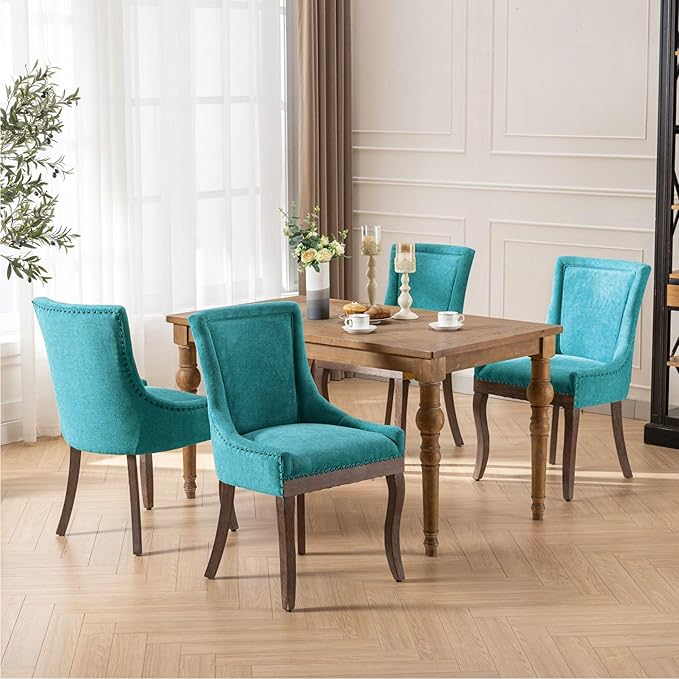 Farmhouse Dining Chairs Set of 2, Upholstered Fabric Dining Room Accent Chairs with Wood Legs & Bronze Nailhead, High Wingback Kitchen Chairs for Living Room Hotel Apartment, Blue