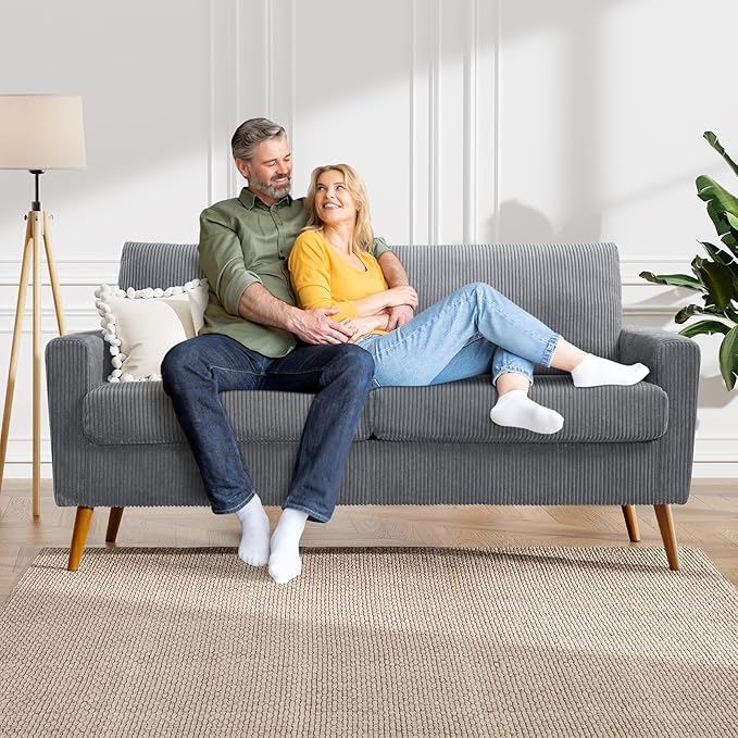 WEUP 68" Loveseat Sofa Grey Corduroy Couch, Mid Century Modern Love Seat Couches for Living Room, Small Loveseat for Bedroom Office, Comfy Sofa with Spring Cushion, Solid Wood, Tool-Free Assembly