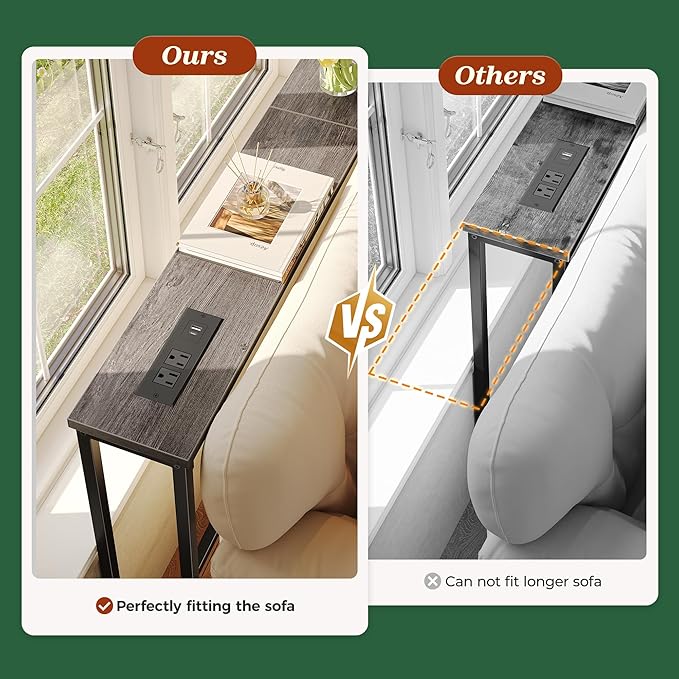 SUPERJARE 110.2 Inch Sofa Table with Power Outlets and USB-C Ports, 5.9 Inch Narrow Console Tables, Entryway Hallway Couch Tables with Storage, Behind Sofa, Small Spaces, Living Room, Grey