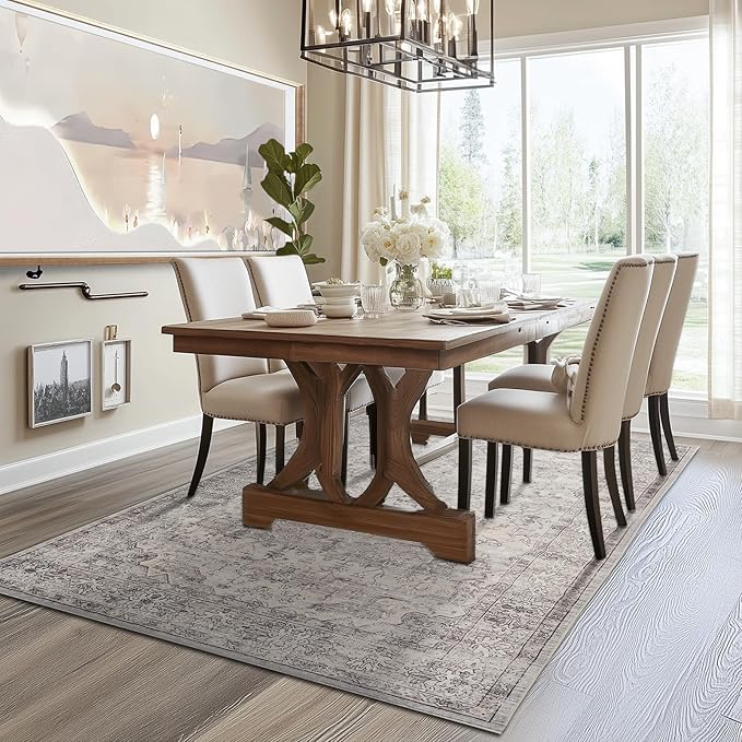 5x7 Area Rugs for Living Room Washable Soft Faux Fur Low Pile Vintage Floral Boho Modern Carpet Rug Non Slip Sound Absorbing Rugs for Bedroom Office Patio Dining Room Kids Room,Natural Grey