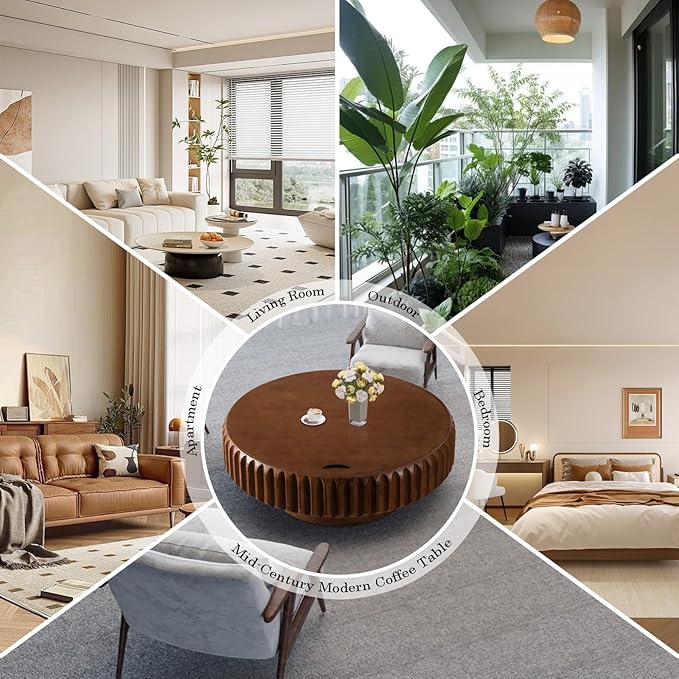 Round Coffee Table with Storage for Living Room, Wood Circle Drum Coffee Table Modern Fluted Center Table Accent Table for Home Office Apartment (Walnut 39.37'')