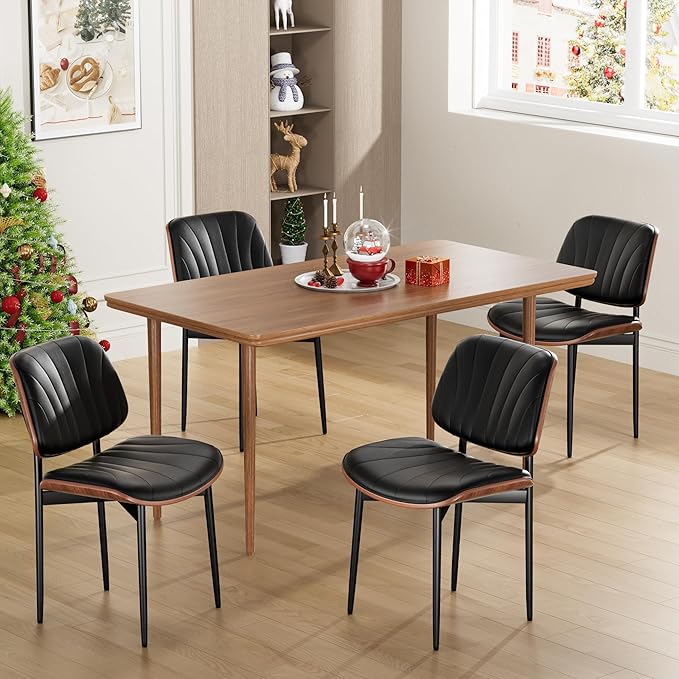 Dining Chairs Set of 4, Mid-Century Modern Upholstered PU Leather Chairs with Walnut Bentwood Back and Metal Legs Adjustable Feet for Kitchen Dining Room, Black Shell Strips