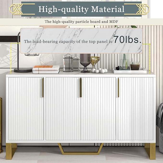 Modern Elegant Sideboard Buffet Large Storage Cabinet with Gold Metal Legs&Handles and Adjustable Shelf, 60'' Classic Console Table Sofa Table Entryway Table for Living Room Kitchen (White-60'')